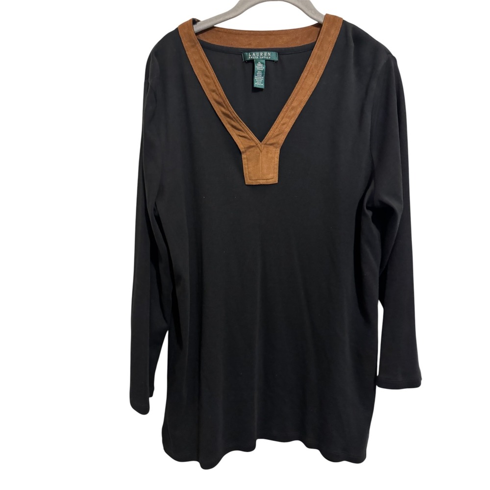 Lauren Ralph Lauren Top Women's Size XL Black Faux Suede Trim Equestrian Preppy